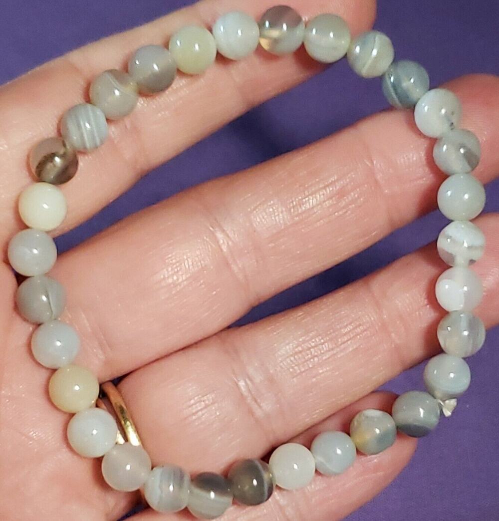 Beaded Stretch Bracelet Agate Stones, Natural Earthy Gray Tones Adjustable 6.5+